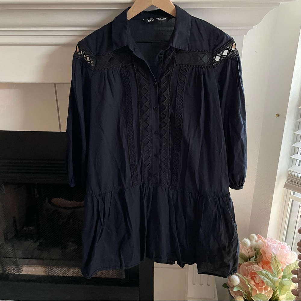 Zara Black Poplin Drop Waist Black Tunic Dress Size Small